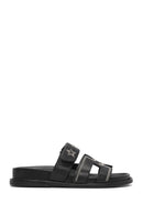 Women's Black Striped Patterned Leather Slippers | Derimod Women's Black Striped Patterned Leather Slippers | Derimod