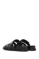 Women's Black Striped Patterned Leather Slippers | Derimod Women's Black Striped Patterned Leather Slippers | Derimod