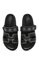 Women's Black Striped Patterned Leather Slippers | Derimod Women's Black Striped Patterned Leather Slippers | Derimod
