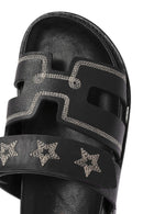 Women's Black Striped Patterned Leather Slippers | Derimod Women's Black Striped Patterned Leather Slippers | Derimod