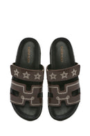Women's Brown Striped Patterned Leather Slippers | Derimod Women's Brown Striped Patterned Leather Slippers | Derimod