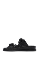 Women's Black Banded Quilted Patterned Leather Slippers | Derimod Women's Black Banded Quilted Patterned Leather Slippers | Derimod