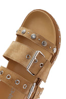 Women's Brown Buckled Strap Suede Leather Slippers | Derimod Women's Brown Buckled Strap Suede Leather Slippers | Derimod