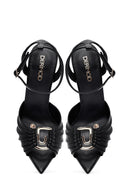 Women's Black Ankle Buckle High Thin Heel Leather Sandals | Derimod Women's Black Ankle Buckle High Thin Heel Leather Sandals | Derimod