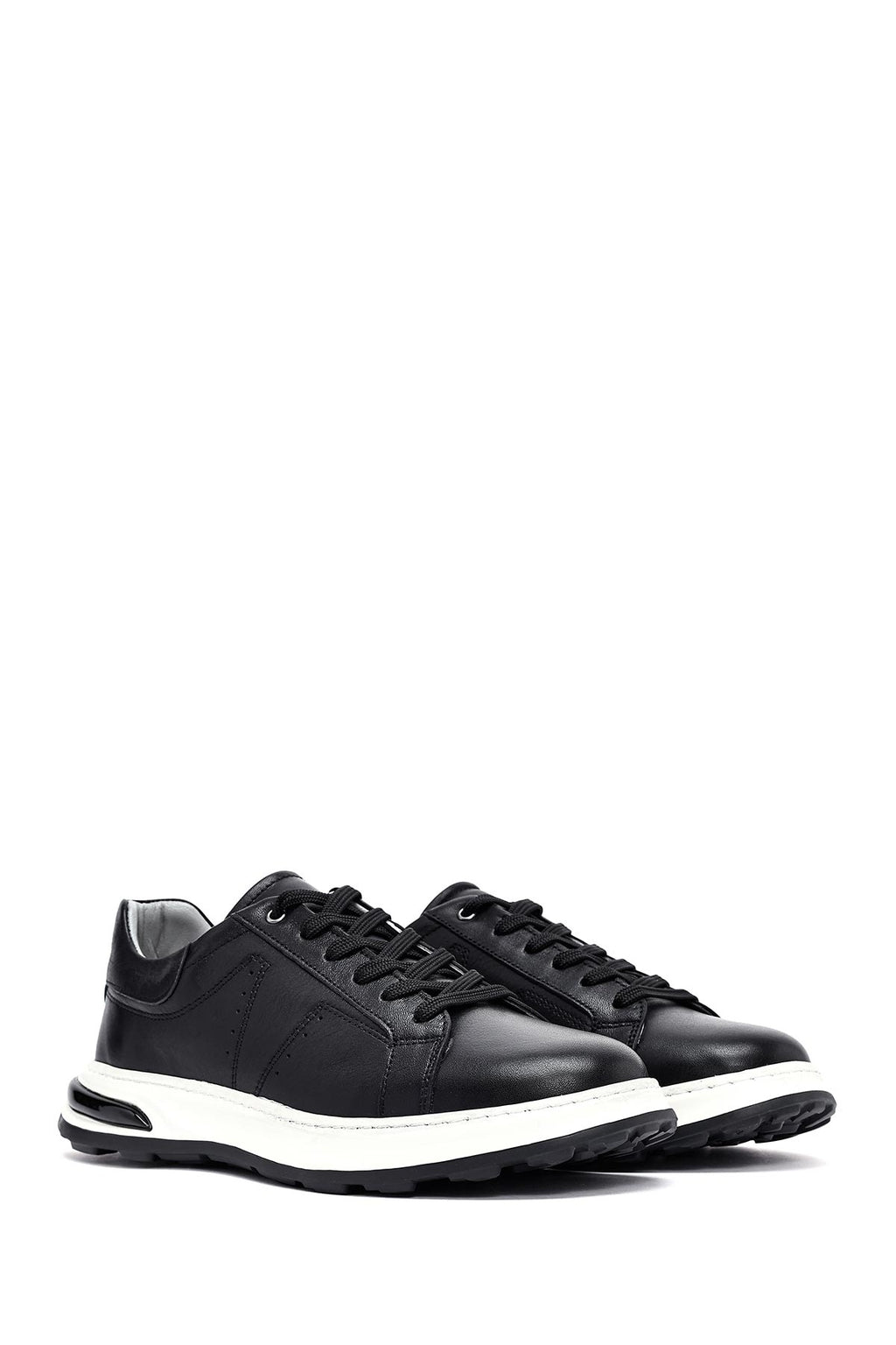 Erkek Siyah Bağcıklı Kalın Tabanlı Deri Sneaker