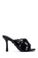 Women's Black Sequined Thin Heeled Slippers | Derimod Women's Black Sequined Thin Heeled Slippers | Derimod