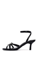 Women's Black Ankle Buckle Stoned Thin Short Heeled Sandals | Derimod Women's Black Ankle Buckle Stoned Thin Short Heeled Sandals | Derimod