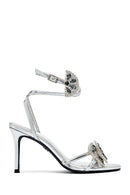 Women's Silver Ankle Buckle Stoned Thin Heel Sandals | Derimod Women's Silver Ankle Buckle Stoned Thin Heel Sandals | Derimod
