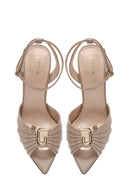 Women's Beige Ankle Strap Leather High Thin Heel Sandals | Derimod Women's Beige Ankle Strap Leather High Thin Heel Sandals | Derimod