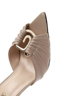 Women's Beige Ankle Strap Leather High Thin Heel Sandals | Derimod Women's Beige Ankle Strap Leather High Thin Heel Sandals | Derimod
