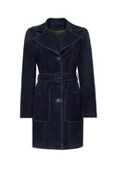 Argentina Women's Navy Blue Suede Leather Trench Coat | Derimod Argentina Women's Navy Blue Suede Leather Trench Coat | Derimod