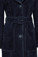 Argentina Women's Navy Blue Suede Leather Trench Coat | Derimod Argentina Women's Navy Blue Suede Leather Trench Coat | Derimod