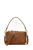 Women's Tan Long Strap Suede Leather Mini Shoulder Bag | Derimod Women's Tan Long Strap Suede Leather Mini Shoulder Bag | Derimod