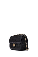 Women Black Long Strapped Patterned Mini Crossbody Bag | Derimod Women Black Long Strapped Patterned Mini Crossbody Bag | Derimod