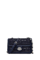 Women Navy Blue Long Strapped Patterned Mini Crossbody Bag | Derimod Women Navy Blue Long Strapped Patterned Mini Crossbody Bag | Derimod