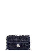 Women Navy Blue Long Strapped Patterned Mini Crossbody Bag | Derimod Women Navy Blue Long Strapped Patterned Mini Crossbody Bag | Derimod