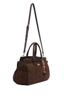 Kadın Kahverengi Uzun Askılı Aksesuarlı Süet Kol Çantası | Derimod Kadın Kahverengi Uzun Askılı Aksesuarlı Süet Kol Çantası | Derimod