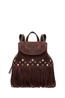 Women's Brown Tassel Suede Leather Backpack | Derimod Women's Brown Tassel Suede Leather Backpack | Derimod