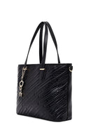 Women's Black Printed Long Strapped Charm Classic Shoulder Bag | Derimod Women's Black Printed Long Strapped Charm Classic Shoulder Bag | Derimod