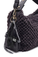 Women's Gray Long Strapped Plush Shoulder Bag with Charms | Derimod Women's Gray Long Strapped Plush Shoulder Bag with Charms | Derimod