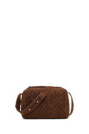 Women's Brown Long Strapped Woven Suede Crossbody Bag | Derimod Women's Brown Long Strapped Woven Suede Crossbody Bag | Derimod