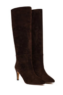Women's Brown Thin Heeled Suede Leather Boot | Derimod Women's Brown Thin Heeled Suede Leather Boot | Derimod