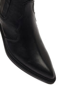 Women's Black Short Thick Heeled Leather Cowboy Boots | Derimod Women's Black Short Thick Heeled Leather Cowboy Boots | Derimod