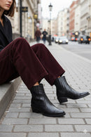 Women's Black Short Thick Heeled Leather Cowboy Boots | Derimod Women's Black Short Thick Heeled Leather Cowboy Boots | Derimod