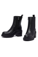 Women's Black Zippered Thick Heeled Leather Boot | Derimod Women's Black Zippered Thick Heeled Leather Boot | Derimod