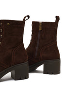 Women's Brown Zippered Thick Heeled Suede Leather Boot | Derimod Women's Brown Zippered Thick Heeled Suede Leather Boot | Derimod