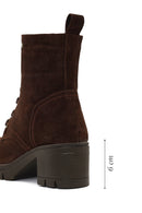 Women's Brown Zippered Thick Heeled Suede Leather Boot | Derimod Women's Brown Zippered Thick Heeled Suede Leather Boot | Derimod