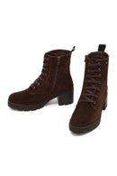 Women's Brown Zippered Thick Heeled Suede Leather Boot | Derimod Women's Brown Zippered Thick Heeled Suede Leather Boot | Derimod