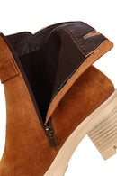 Women's Tan Thick Heeled Zippered Suede Leather Boot | Derimod Women's Tan Thick Heeled Zippered Suede Leather Boot | Derimod