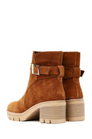 Women's Tan Thick Heeled Zippered Suede Leather Boot | Derimod Women's Tan Thick Heeled Zippered Suede Leather Boot | Derimod