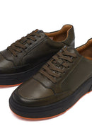 Men's Khaki Lace-Up Thick-Soled Leather Sneakers | Derimod Men's Khaki Lace-Up Thick-Soled Leather Sneakers | Derimod