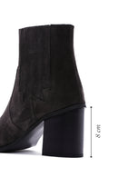 Women's Anthracite Suede Leather Heeled Cowboy Boots | Derimod Women's Anthracite Suede Leather Heeled Cowboy Boots | Derimod