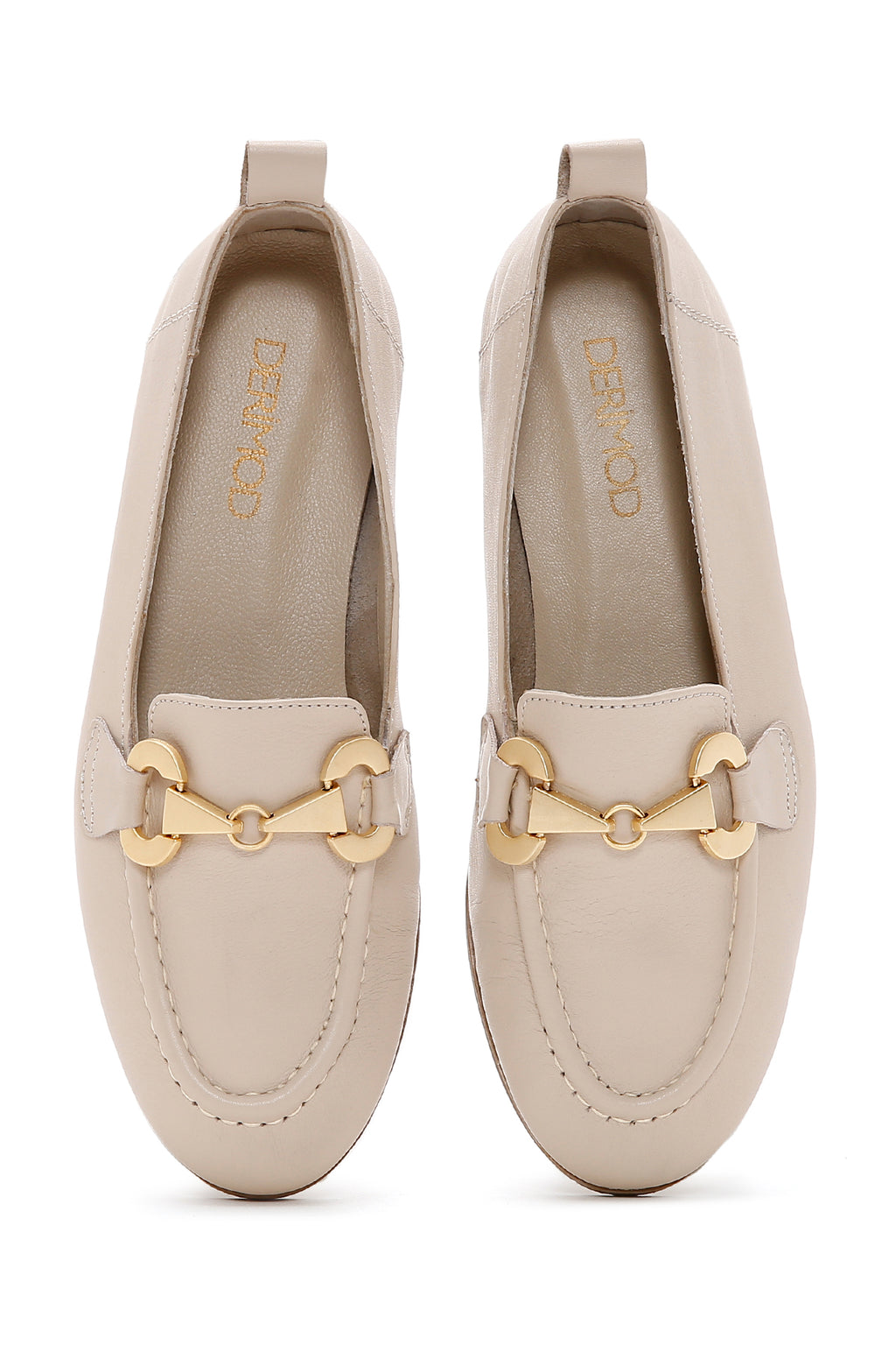 Kadın Bej Tokalı Deri Maskülen Loafer