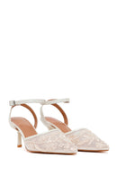 Woman White Ankle-Buckle Floral Embroidered Open-Back Stiletto High Heel | Derimod Woman White Ankle-Buckle Floral Embroidered Open-Back Stiletto High Heel | Derimod