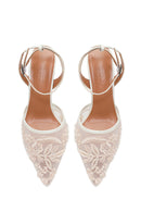 Woman White Ankle-Buckle Floral Embroidered Open-Back Stiletto High Heel | Derimod Woman White Ankle-Buckle Floral Embroidered Open-Back Stiletto High Heel | Derimod