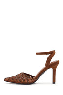 Women's Bronze Ankle Buckle Open Back Rhinestone High Thin Heel Shoes | Derimod Women's Bronze Ankle Buckle Open Back Rhinestone High Thin Heel Shoes | Derimod
