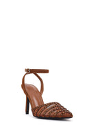 Women's Bronze Ankle Buckle Open Back Rhinestone High Thin Heel Shoes | Derimod Women's Bronze Ankle Buckle Open Back Rhinestone High Thin Heel Shoes | Derimod