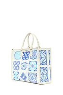 Woman Blue Long Strap Patterned Fabric Shoulder Bag | Derimod Woman Blue Long Strap Patterned Fabric Shoulder Bag | Derimod