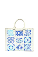 Woman Blue Long Strap Patterned Fabric Shoulder Bag | Derimod Woman Blue Long Strap Patterned Fabric Shoulder Bag | Derimod