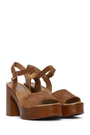 Woman Tan Buckled Platform Block-Heel Suede Leather Sandals | Derimod Woman Tan Buckled Platform Block-Heel Suede Leather Sandals | Derimod