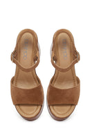 Woman Tan Buckled Platform Block-Heel Suede Leather Sandals | Derimod Woman Tan Buckled Platform Block-Heel Suede Leather Sandals | Derimod