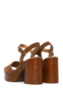 Woman Tan Buckled Platform Block-Heel Suede Leather Sandals | Derimod Woman Tan Buckled Platform Block-Heel Suede Leather Sandals | Derimod
