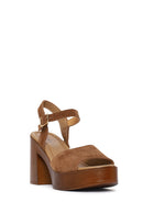 Woman Tan Buckled Platform Block-Heel Suede Leather Sandals | Derimod Woman Tan Buckled Platform Block-Heel Suede Leather Sandals | Derimod