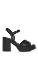 Woman Black Buckled Platform Block-Heel Leather Sandals | Derimod Woman Black Buckled Platform Block-Heel Leather Sandals | Derimod