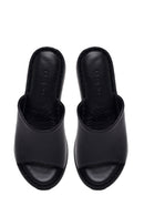 Woman Black Wedge Heel Leather Comfort Slipper | Derimod Woman Black Wedge Heel Leather Comfort Slipper | Derimod