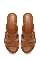 Woman Tan Wedge Heel Leather Comfort Slipper | Derimod Woman Tan Wedge Heel Leather Comfort Slipper | Derimod